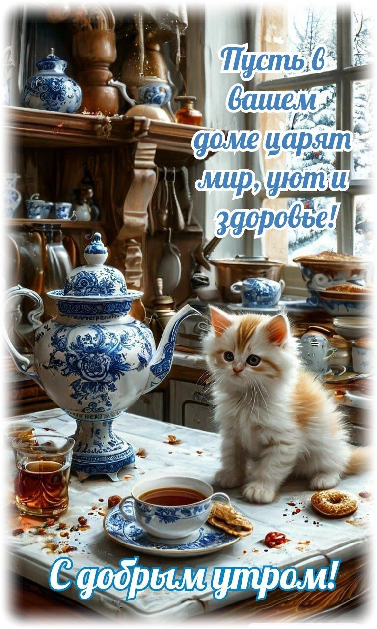 Открытка «С добрым утром»: Пусть утро будет добрым: мир, уют и здоровье!. Тэги: кот, животное, пожелание, позитивная…