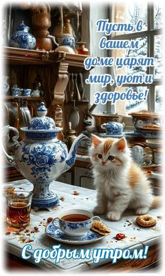Открытка «С добрым утром»: Пусть утро будет добрым: мир, уют и здоровье!. Тэги: кот, животное, пожелание, позитивная…