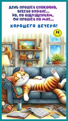 Открытка «Добрый вечер и пожелания»: Утро с любимым котом: пусть день будет легким!. Тэги: Прикольный добрый вечер…