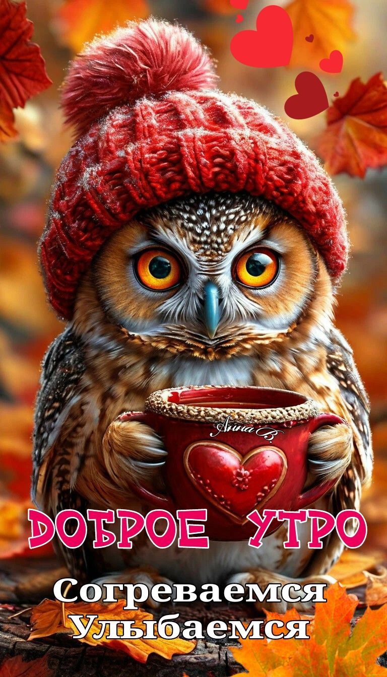 Открытка «С добрым утром»: Доброе утро! Согреваемся и улыбаемся с совой. Тэги: животное, пожелание, позитивная…