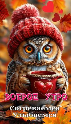 Открытка «С добрым утром»: Доброе утро! Согреваемся и улыбаемся с совой. Тэги: животное, пожелание, позитивная…