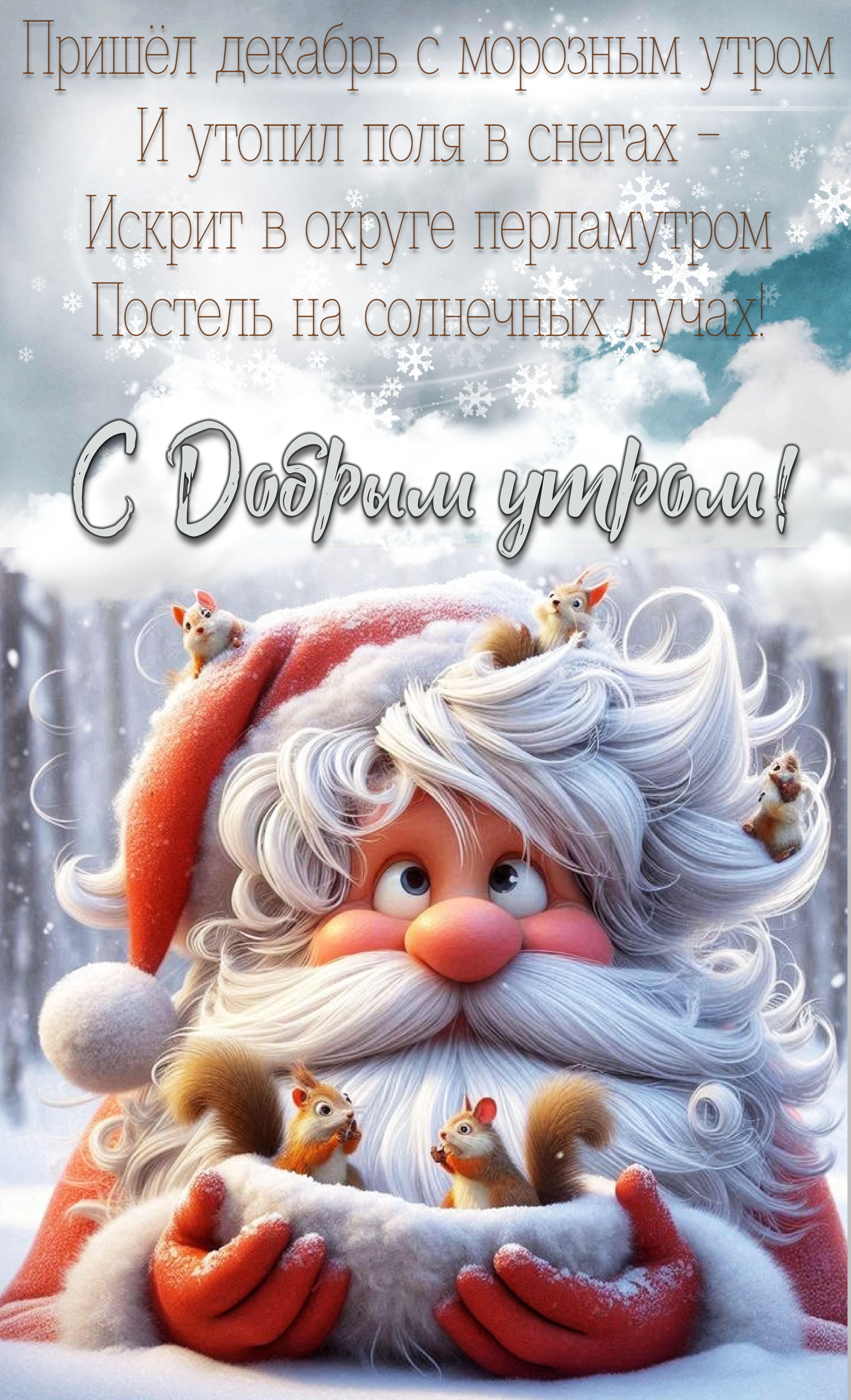 Открытка «С добрым утром»: С добрым зимним утром: Дед Мороз, белки и снег!. Тэги: животное, пожелание, позитивная…