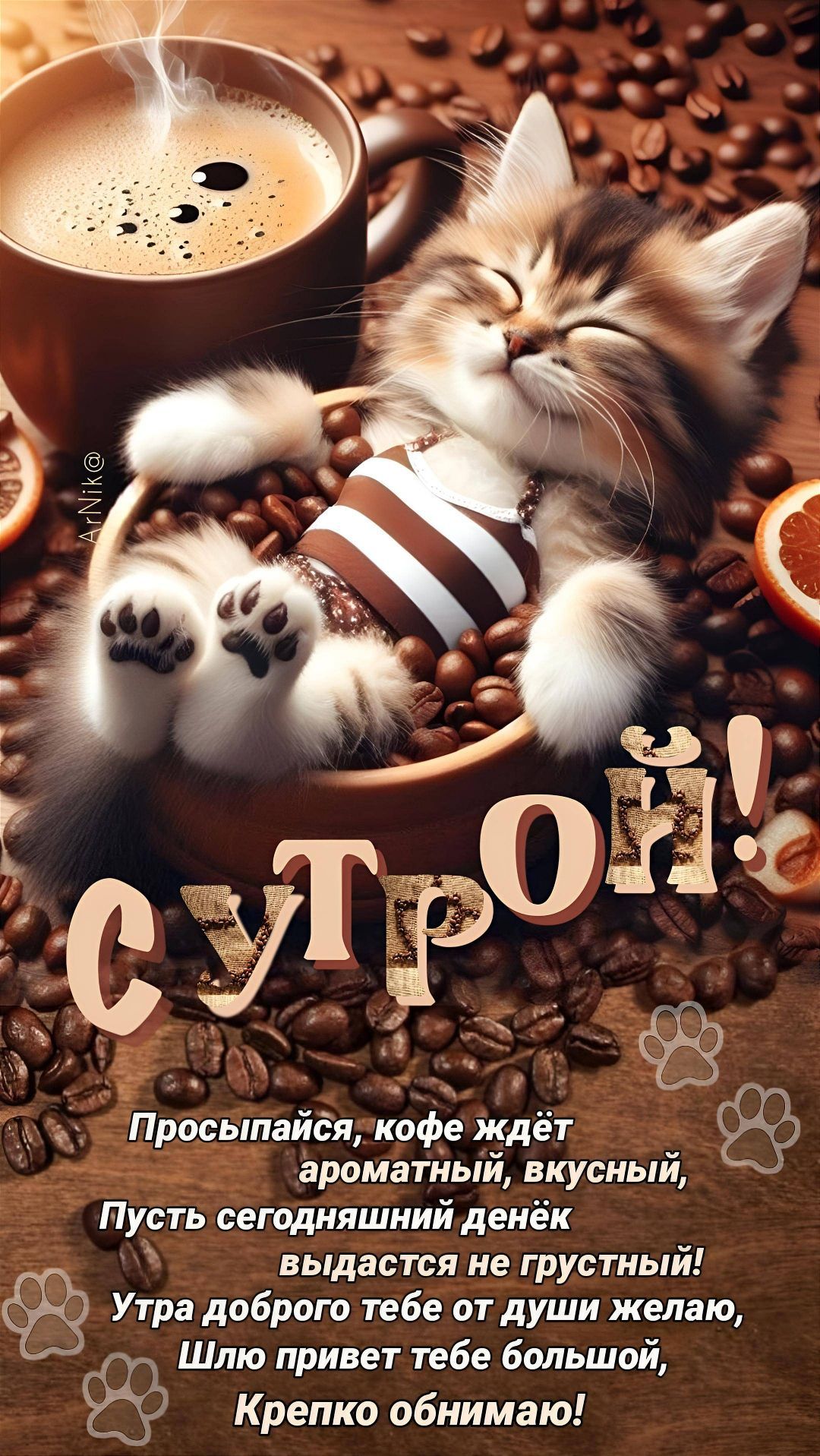 Открытка «С добрым утром»: Нежное утро: пушистый котёнок и чашка кофе. Тэги: С добрым утром, с котами!, С добрым…