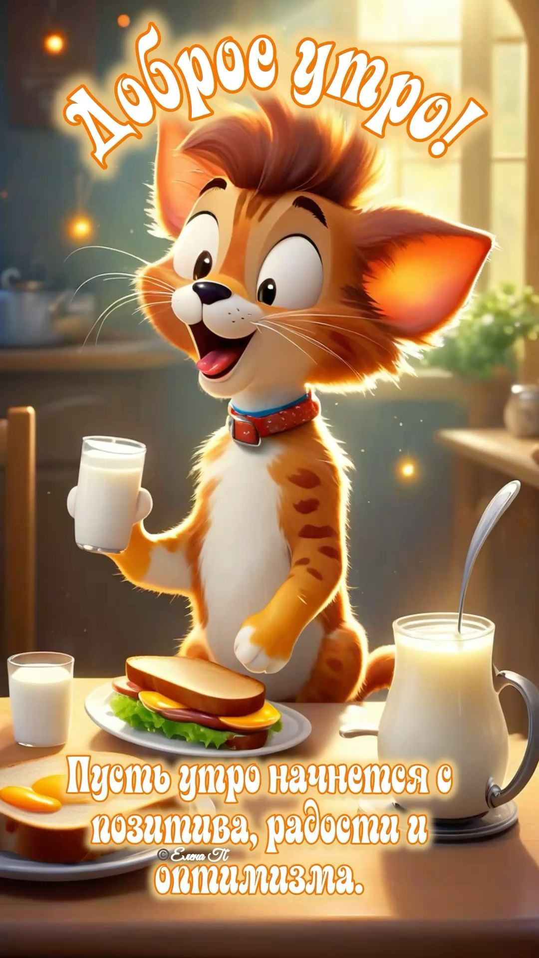 Открытка «С добрым утром»: Доброе утро с позитивом: милый кот и завтрак. Тэги: хорошего дня, кот, животное, пожелание…
