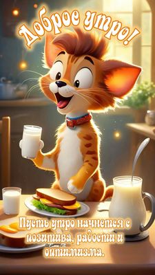 Открытка «С добрым утром»: Доброе утро с позитивом: милый кот и завтрак. Тэги: хорошего дня, кот, животное, пожелание…