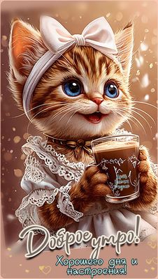 Открытка «С добрым утром»: Доброе утро: милый котенок с кофе. Тэги: хорошего дня, кот, животное, пожелание, позитивная…