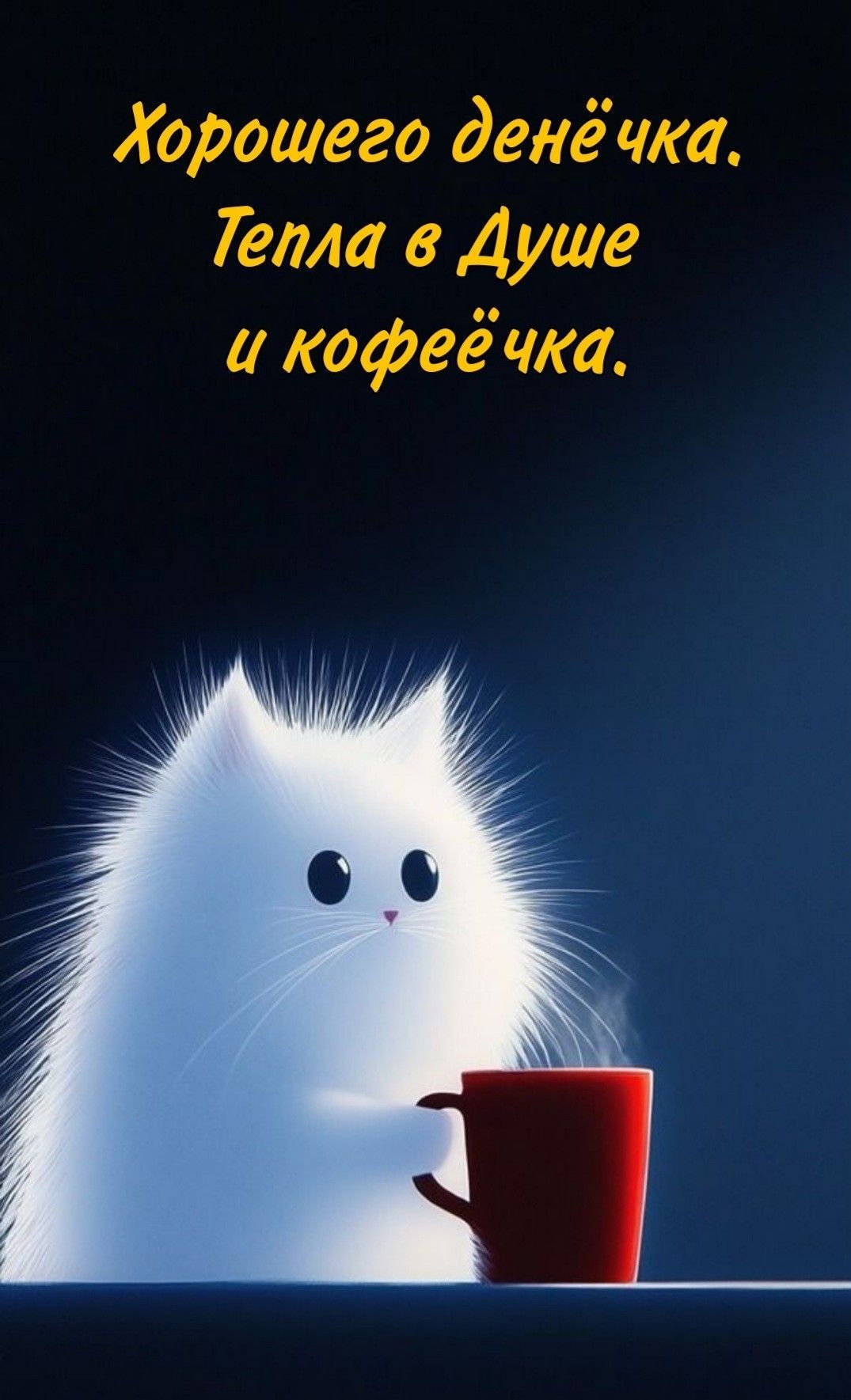 Открытка «С добрым утром»: Пушистое утро: Тепла в душе и кофе!. Тэги: хорошего дня, кот, животное, пожелание, позитив…