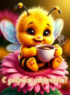 Открытка «С добрым утром»: Доброе утро с милым пчеленком и ароматным кофе. Тэги: хорошего дня, животное, пожелание…