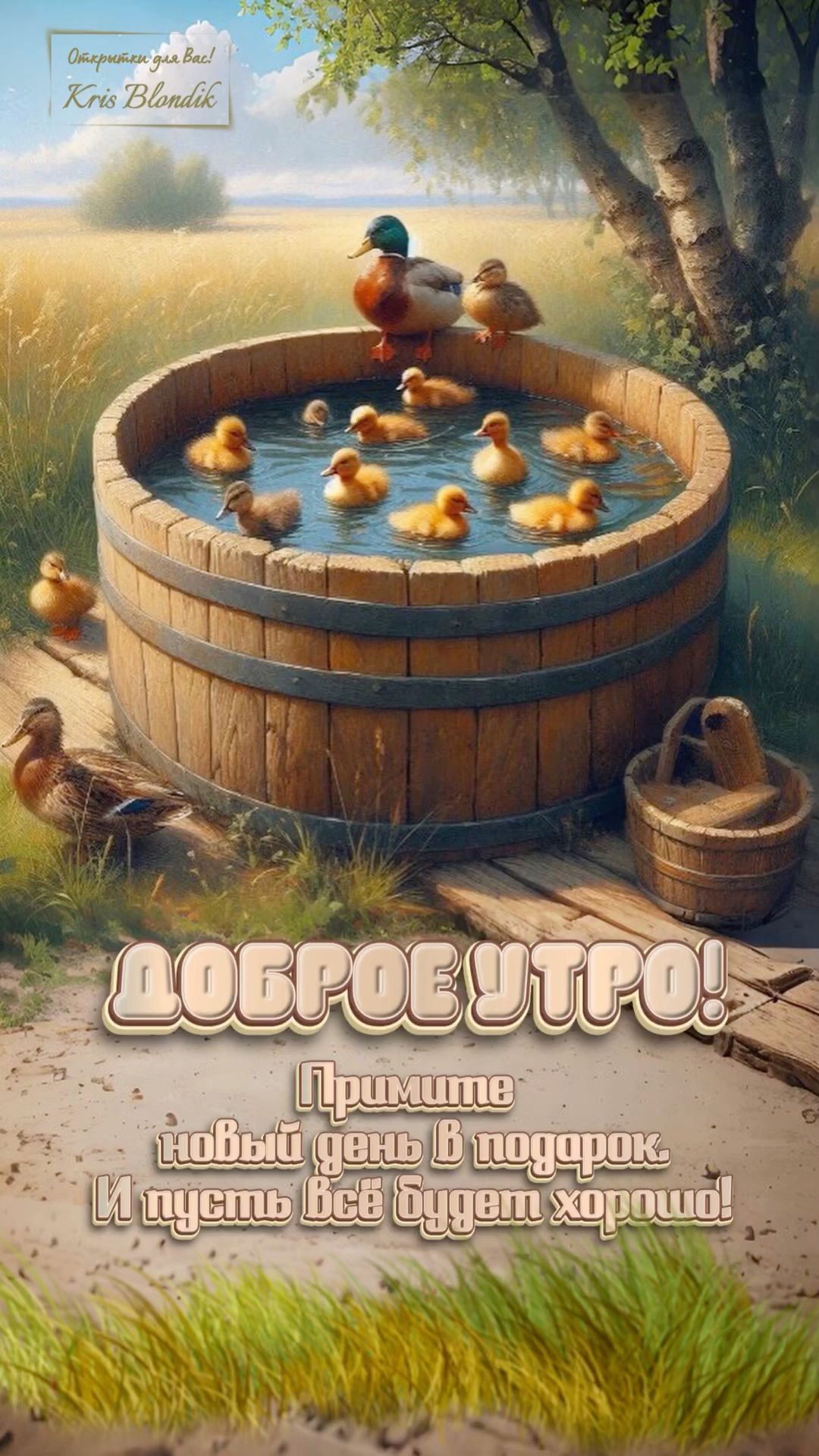 Открытка «С добрым утром»: Доброе утро: утята, природа и хороший день!. Тэги: хорошего дня, животное, пожелание…