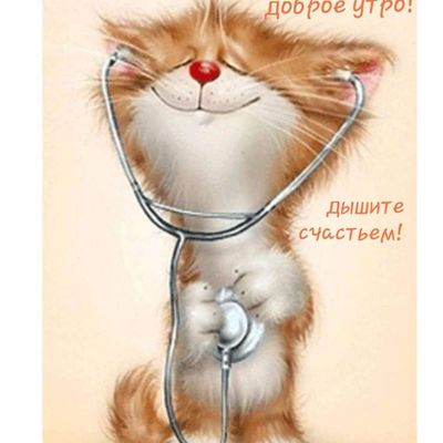 Открытка «С добрым утром»: С добрым утром! Пушистый доктор желает счастья. Тэги: кот, животное, пожелание, позитивная…