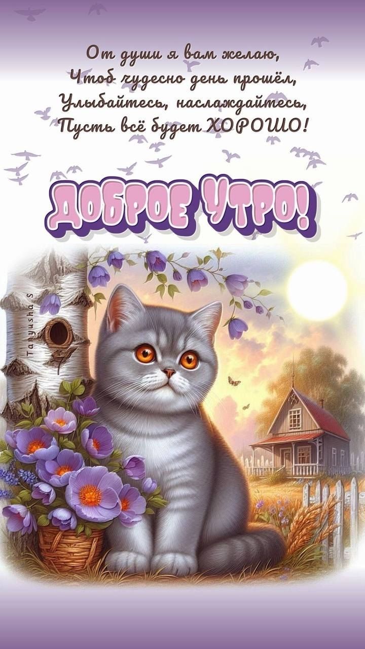 Открытка «С добрым утром»: Доброе утро: котёнок, цветы и пожелания. Тэги: хорошего дня, кот, животное, пожелание…