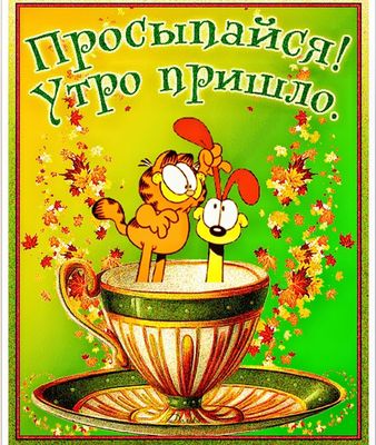 Открытка «С добрым утром»: Доброе утро! Просыпайся с Гарфилдом и Оди. Тэги: кот, животное, пожелание, позитивная…