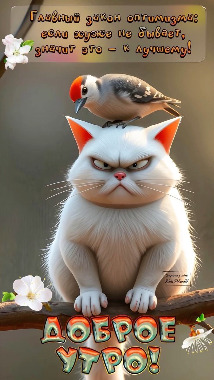 Открытка «С добрым утром»: Грустный кот и птичка: доброе утро по закону оптимизма. Тэги: хорошего дня, кот, животное…