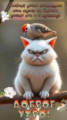 Открытка «С добрым утром»: Грустный кот и птичка: доброе утро по закону оптимизма. Тэги: хорошего дня, кот, животное…