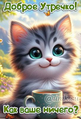 Открытка «С добрым утром»: Доброе утро! Милый котик и чашка кофе. Тэги: кот, животное, пожелание, позитивная, приколь…