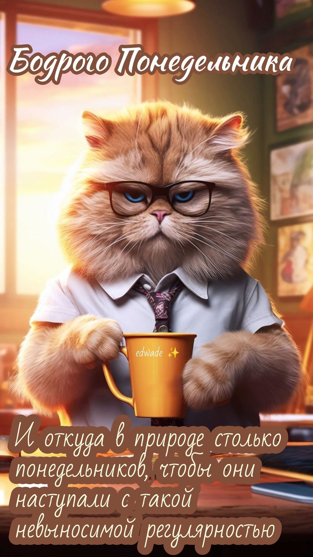 Открытка «С добрым утром»: Бодрого Понедельника от угрюмого кота-менеджера. Тэги: кот, животное, пожелание, позитивная…