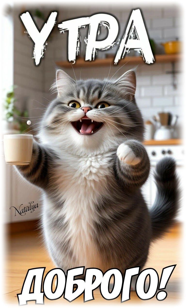 Открытка «С добрым утром»: Доброе утро от весёлого кота с чашкой!. Тэги: С добрым утром, для поднятия настроением!…