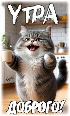 Открытка «С добрым утром»: Доброе утро от весёлого кота с чашкой!. Тэги: С добрым утром, для поднятия настроением!…