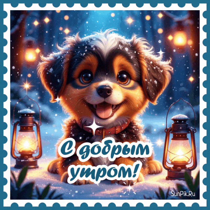 Открытка «С добрым утром»: Милый щенок и волшебное зимнее утро. Тэги: С добрым зимним утром, С добрым утром с юмором…
