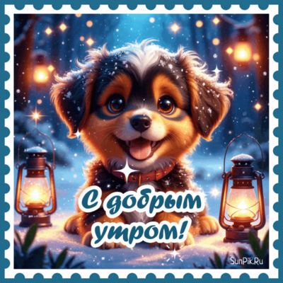 Открытка «С добрым утром»: Милый щенок и волшебное зимнее утро. Тэги: С добрым зимним утром, С добрым утром с юмором…