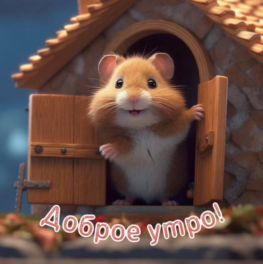 Открытка «С добрым утром»: Доброе утро! Пушистый привет от милого хомячка. Тэги: хорошего дня, животное, пожелание…
