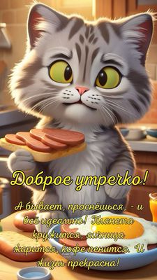 Открытка «С добрым утром»: Идеальное утречко с пушистым другом и завтраком!. Тэги: С добрым утром, для поднятия настр…