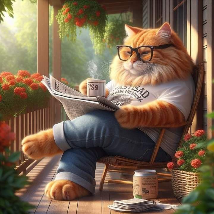 Открытка «С добрым утром»: Уютное доброе утро с котом-интеллектуалом. Тэги: Отличного настроения, С добрым, летним ут…