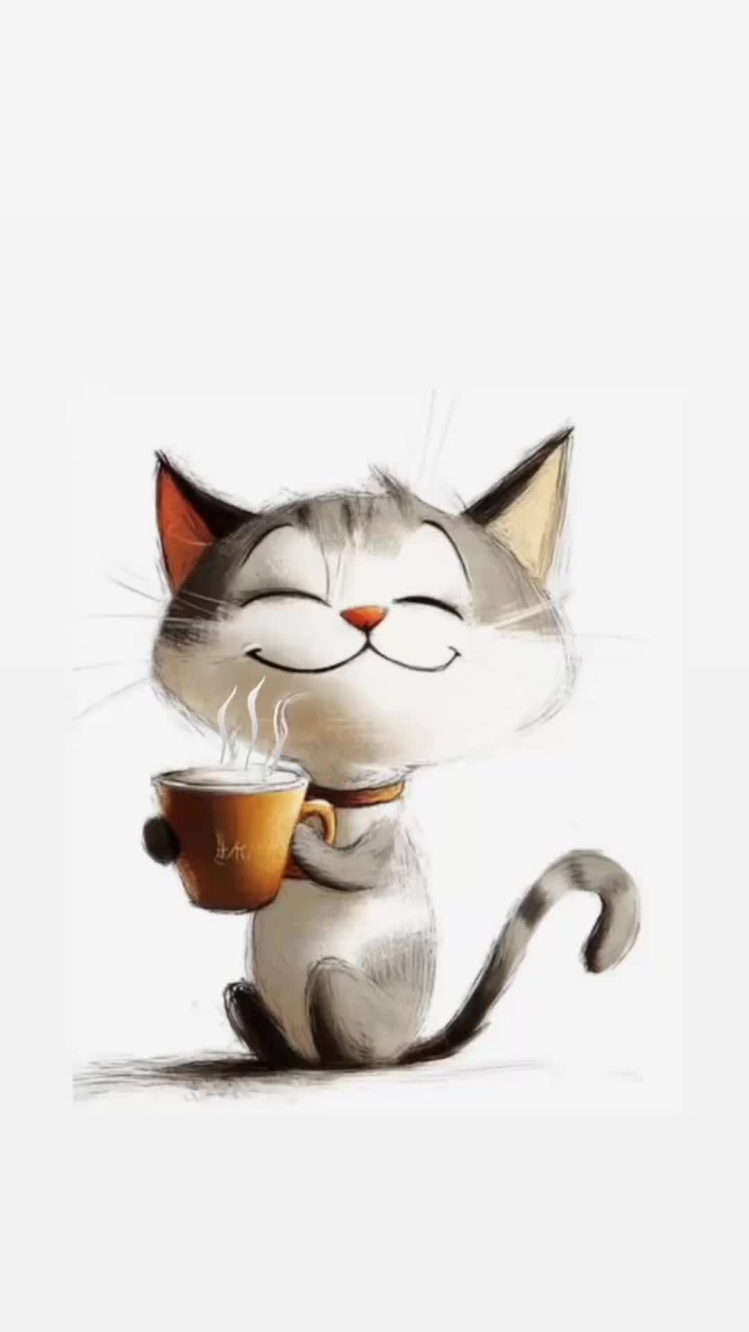 Открытка «С добрым утром»: Доброе утро! Кот с чашкой ароматного кофе. Тэги: С добрым утром, с котами!, С добрым утром…