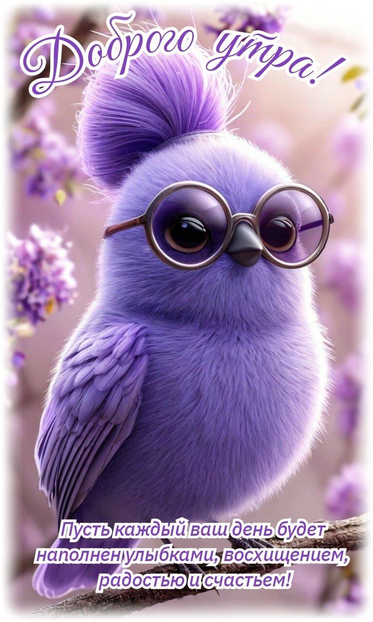 Открытка «С добрым утром»: Доброго утра от милой фиолетовой птички в очках. Тэги: С добрым утром, для поднятия настро…