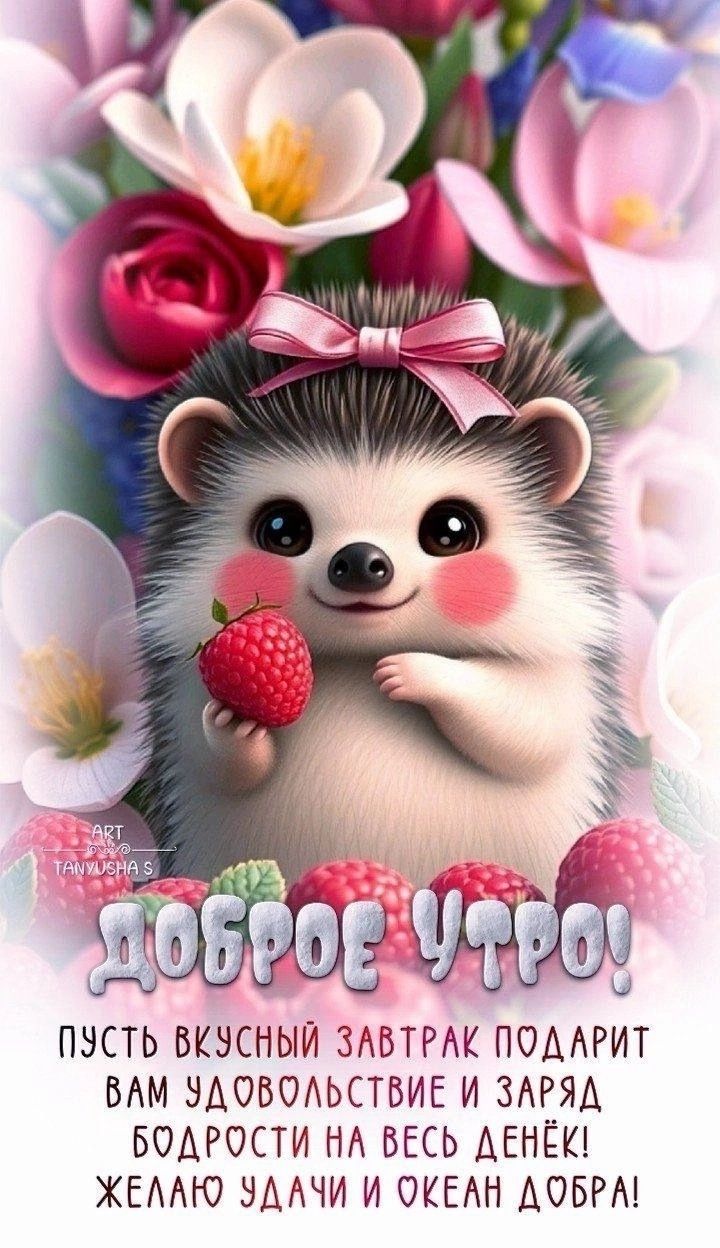 Открытка «С добрым утром»: Нежное утро с милым ёжиком и малиной. Тэги: хорошего дня, пожелание, позитивная, отличное…