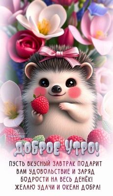 Открытка «С добрым утром»: Нежное утро с милым ёжиком и малиной. Тэги: хорошего дня, пожелание, позитивная, отличное…
