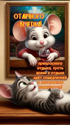Открытка «С добрым утром»: Отличного вечерка от милых друзей!. Тэги: кот, животное, пожелание, прикольная, улыбка…