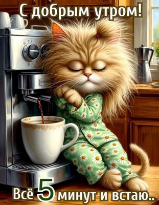 Открытка «С добрым утром»: С добрым утром! Пушистый соня и ароматный кофе. Тэги: кот, животное, пожелание, позитивная…