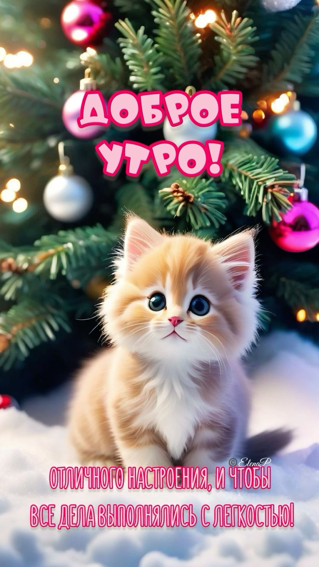 Открытка «С добрым утром»: Пушистое доброе утро: милый котенок у елки. Тэги: С добрым зимним утром, С добрым утром…