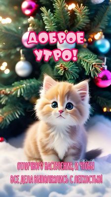 Открытка «С добрым утром»: Пушистое доброе утро: милый котенок у елки. Тэги: С добрым зимним утром, С добрым утром…