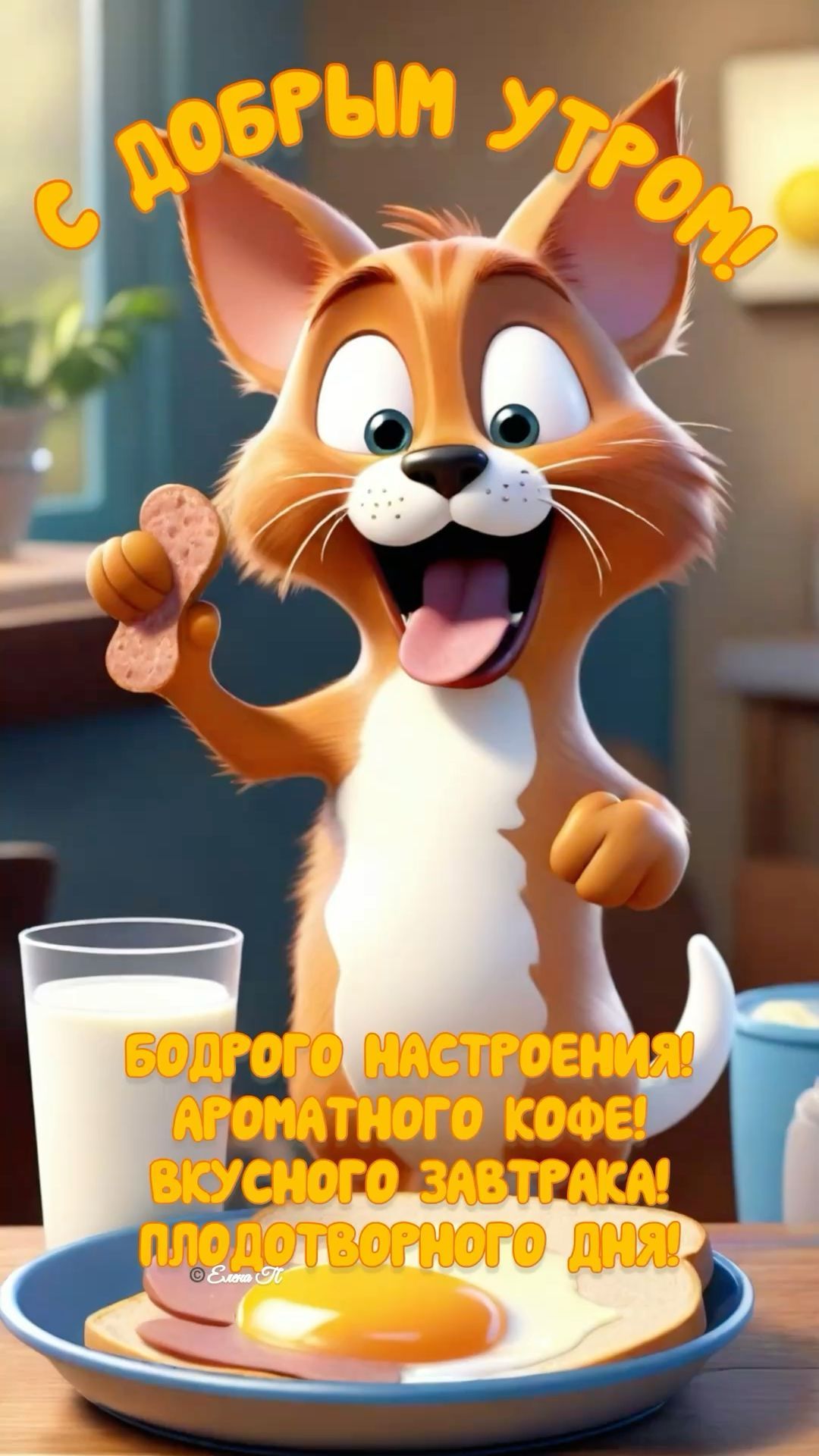 Открытка «С добрым утром»: С добрым утром! Весёлый кот желает бодрого дня!. Тэги: Добрый день, С добрым утром, для по…