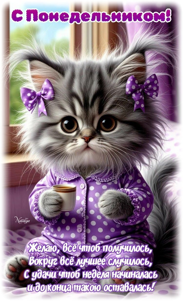 Открытка «С добрым утром»: Пушистый котёнок желает доброго понедельника!. Тэги: кот, животное, пожелание, позитивная…