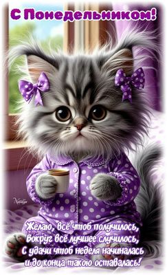 Открытка «С добрым утром»: Пушистый котёнок желает доброго понедельника!. Тэги: кот, животное, пожелание, позитивная…
