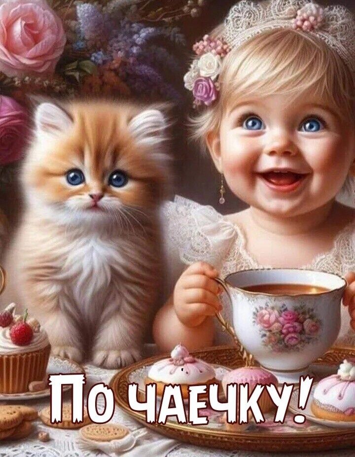 Открытка «Добрый день»: Нежное доброе утро: малышка, котенок и чаепитие. Тэги: Добрый день и добрые пожелания, Добрый…