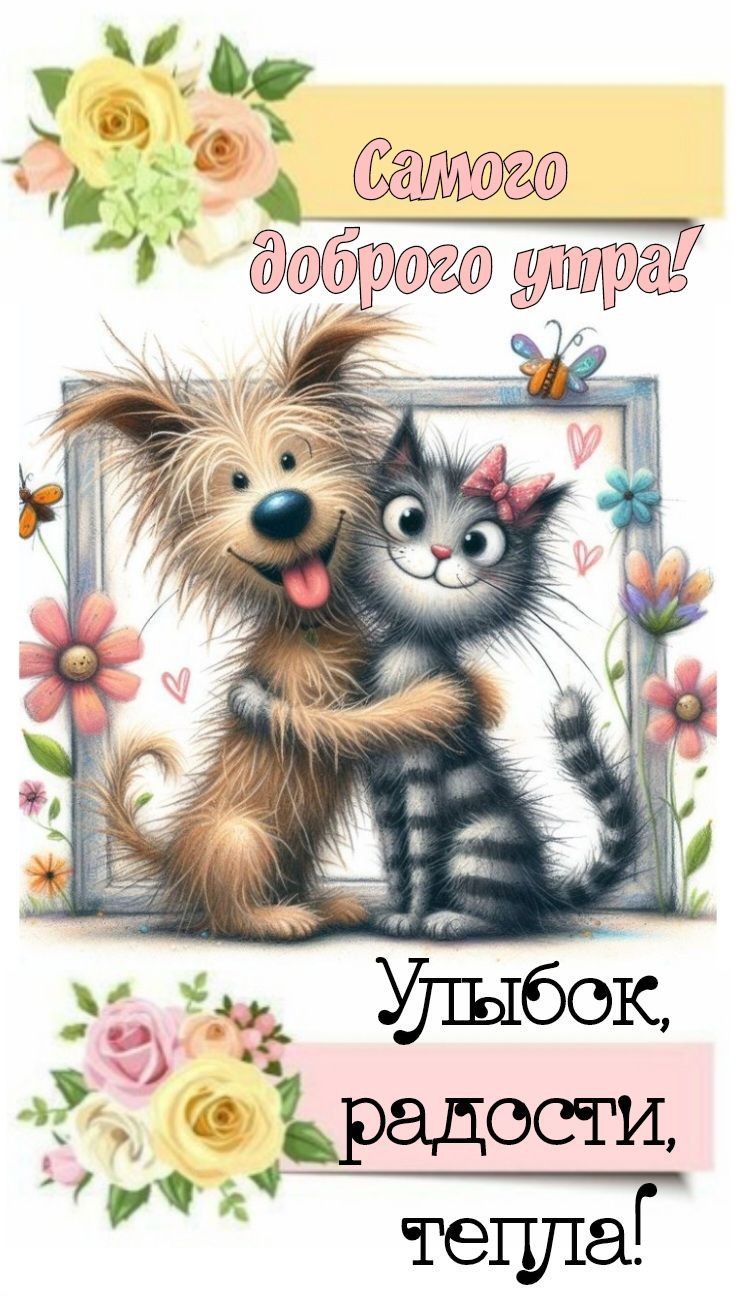 Открытка «С добрым утром»: Пушистое доброе утро: улыбок и тепла!. Тэги: кот, пожелание, позитивная, отличное настроен…
