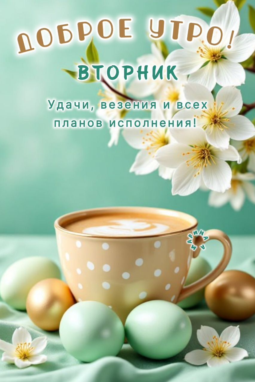 Открытка «С добрым утром»: Нежное доброе утро вторника с цветами и кофе. Тэги: хорошего дня, пожелание, позитивная…