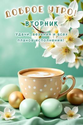 Открытка «С добрым утром»: Нежное доброе утро вторника с цветами и кофе. Тэги: хорошего дня, пожелание, позитивная…