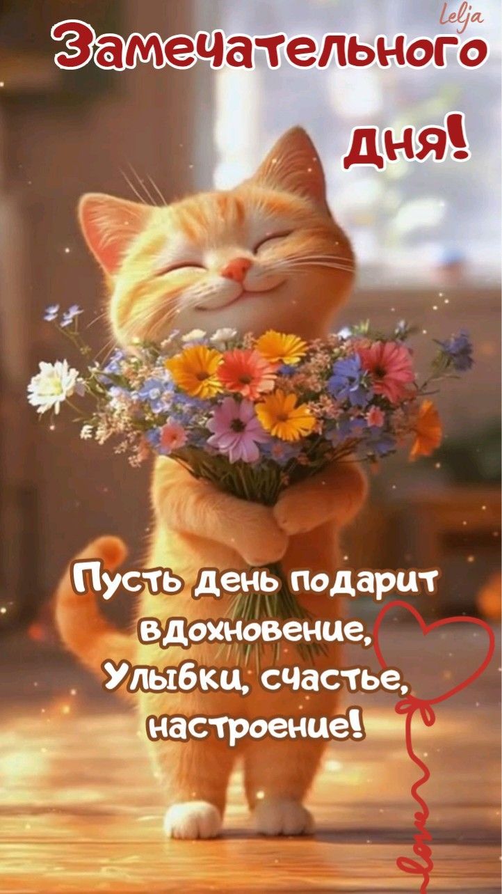 Открытка «Кот»: Милый котик желает замечательного дня!. Тэги: животное, пожелание, позитивная, хорошего дня, улыбка…