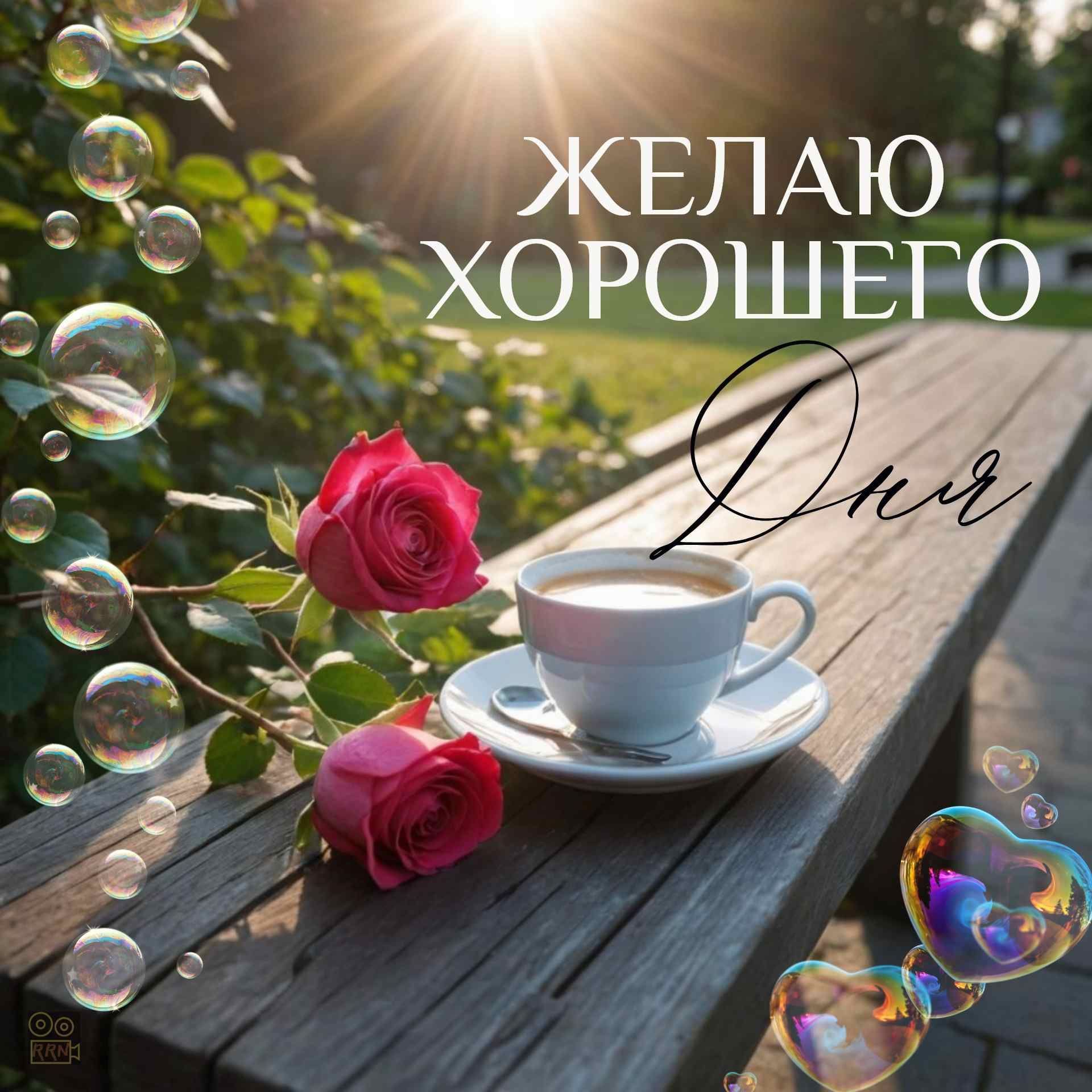 Открытка «Пожелание»: Солнечный день с кофе и розами. Тэги: позитивная, хорошего дня, отличное настроение, утро…