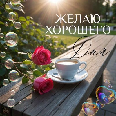 Открытка «Пожелание»: Солнечный день с кофе и розами. Тэги: позитивная, хорошего дня, отличное настроение, утро…