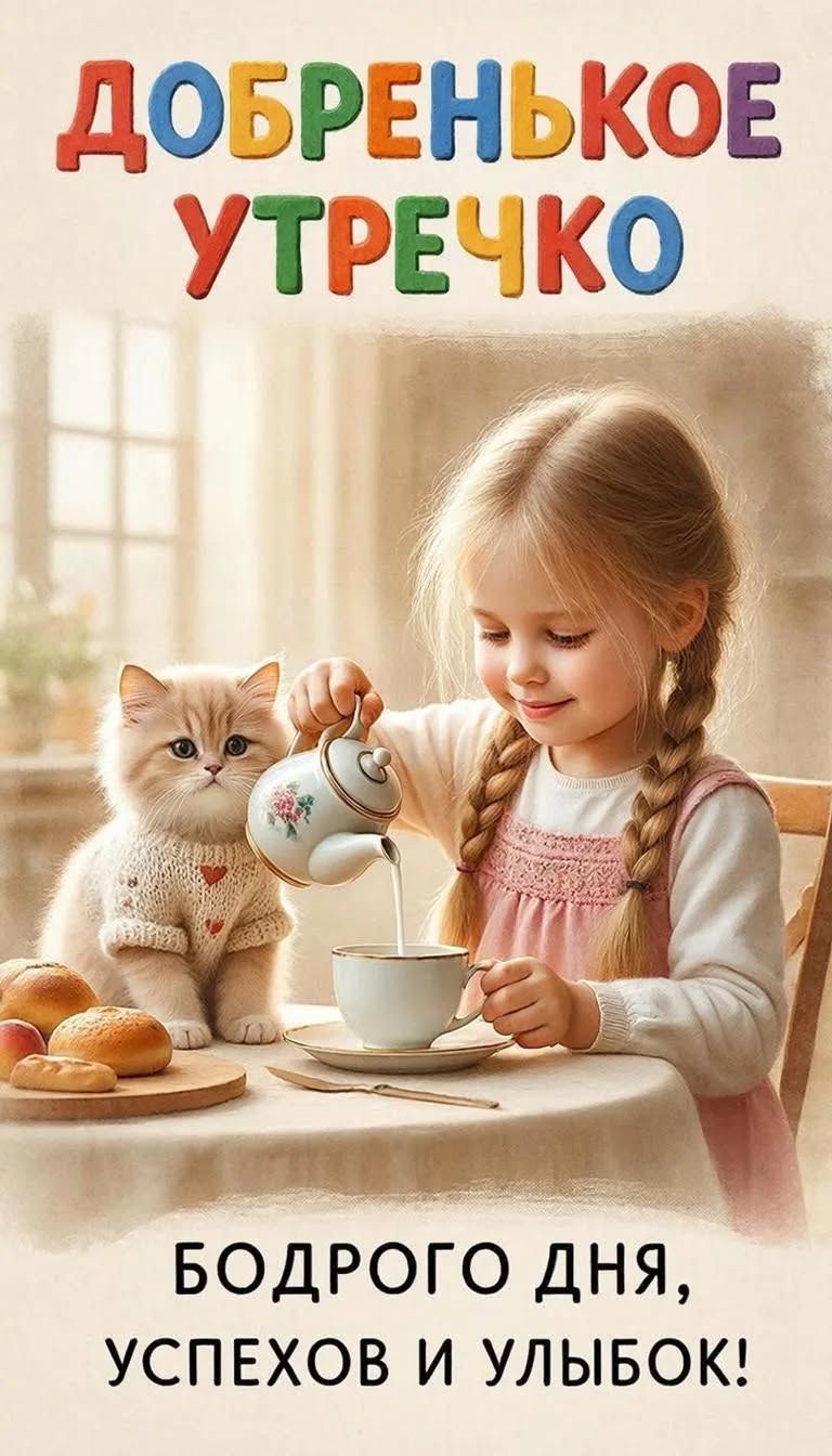 Открытка «С добрым утром»: Добренькое утречко: милая девочка, котенок и чай. Тэги: кот, животное, пожелание, позитивн…
