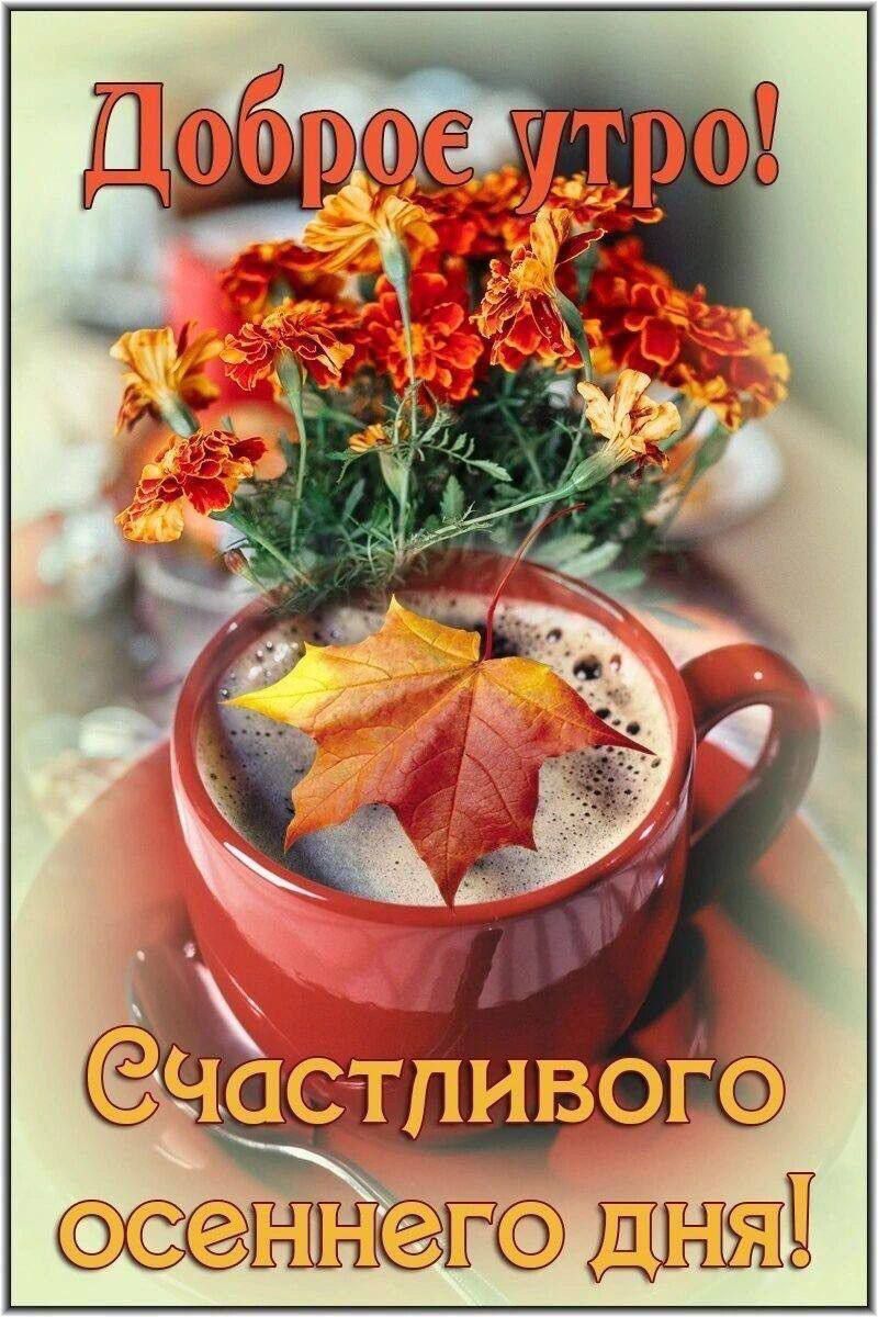 Открытка «С добрым утром»: Доброе утро! Осенний уют с кофе и цветами. Тэги: пожелание, позитивная, хорошего дня, утро…