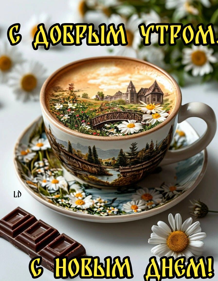 Открытка «С добрым утром»: Волшебное утро: кофе, пейзаж и нежные ромашки. Тэги: пожелание, позитивная, хорошего дня…