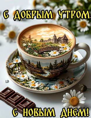 Открытка «С добрым утром»: Волшебное утро: кофе, пейзаж и нежные ромашки. Тэги: пожелание, позитивная, хорошего дня…