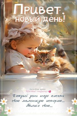 Открытка «С добрым утром»: Привет, новый день! Малыш, котёнок и нежное утро. Тэги: кот, животное, пожелание, позитивн…